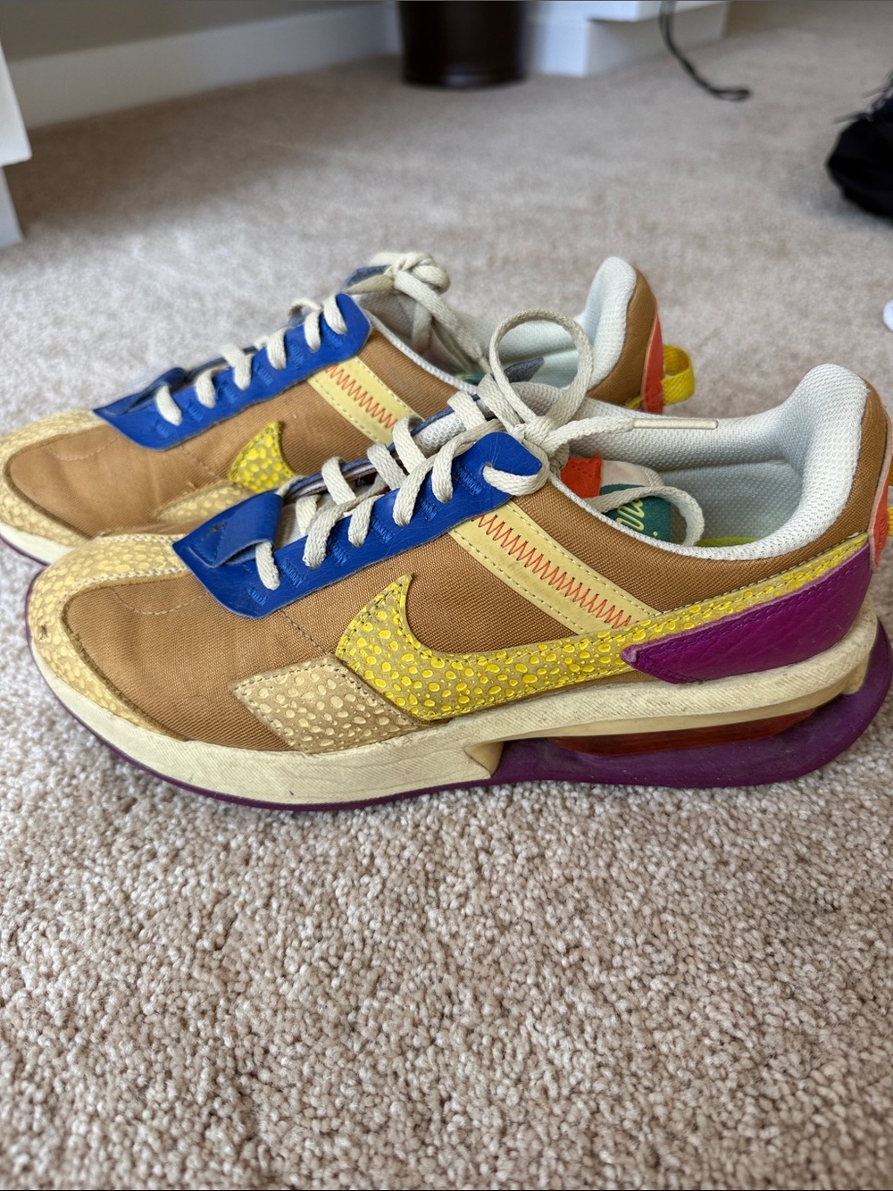 Nike Brown and Yellow Retro Runner Sneakers with Blue and Purple Accents